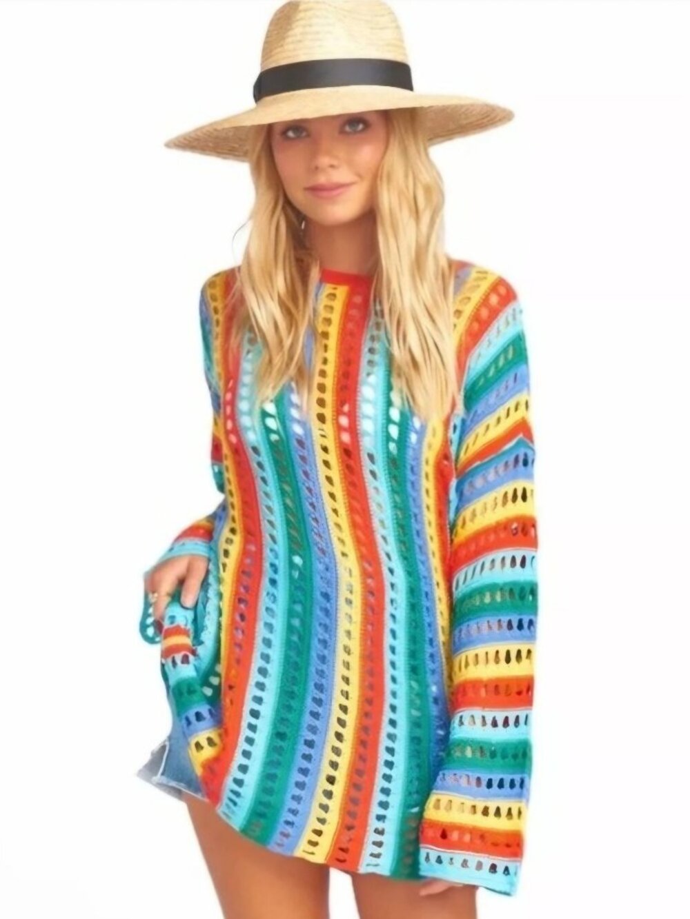 Show Me Your Mumu Cruz Sweater Rainbow Tropic Knit Open Knit Bell Sleeves Size M